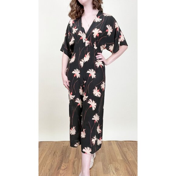 100% Mulberry Silk Wide Leg Jumpsuit Pleated Floral Relaxed Fit & Flare V-Neck - Picture 4 of 12